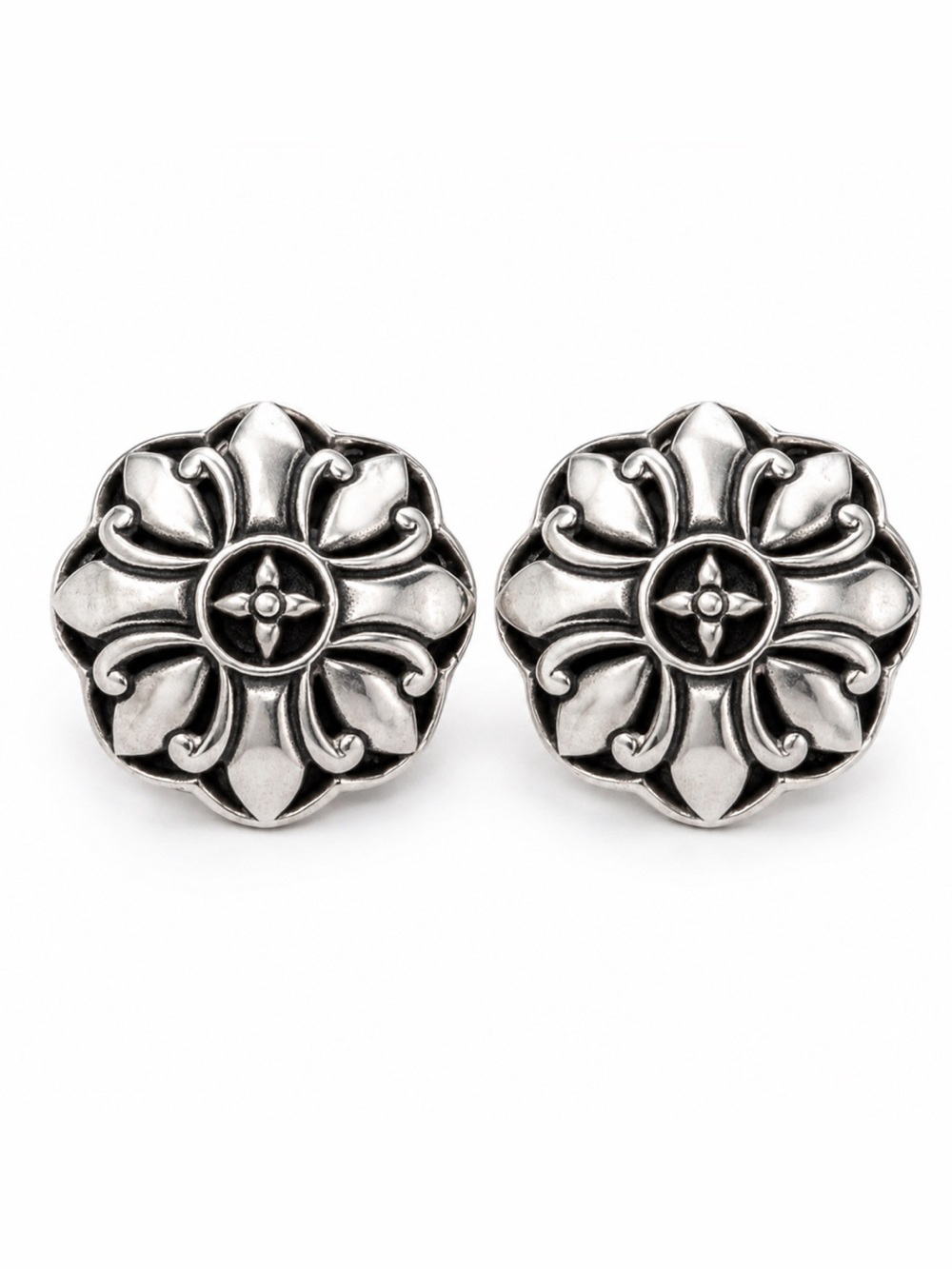 Vintage John Hardy 1" Sterling Silver Floral Clip Earrings Original Box 22.8g